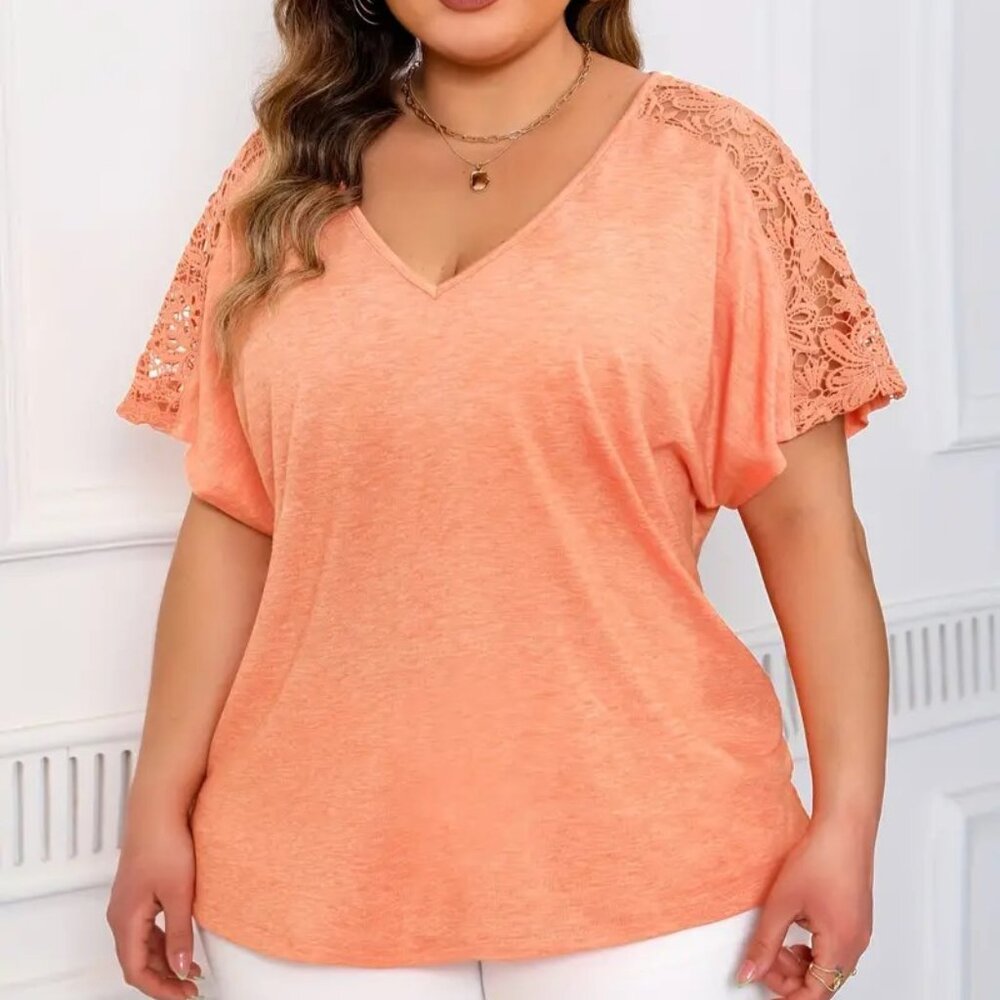 Women's Plus Size Lace Stitching V Neck Orange Fashion Trendy Blouse Top 22W